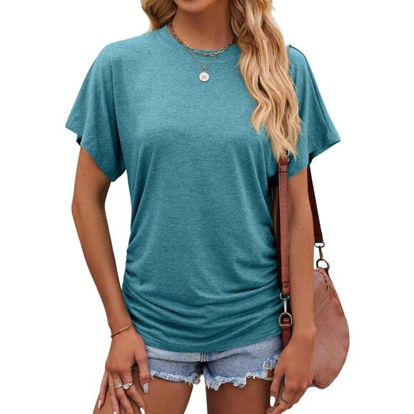 🆕 Women Green Summer Crewneck Dolman Tops Side Shirring Short Sleeve T Shirts - Picture 1 of 4